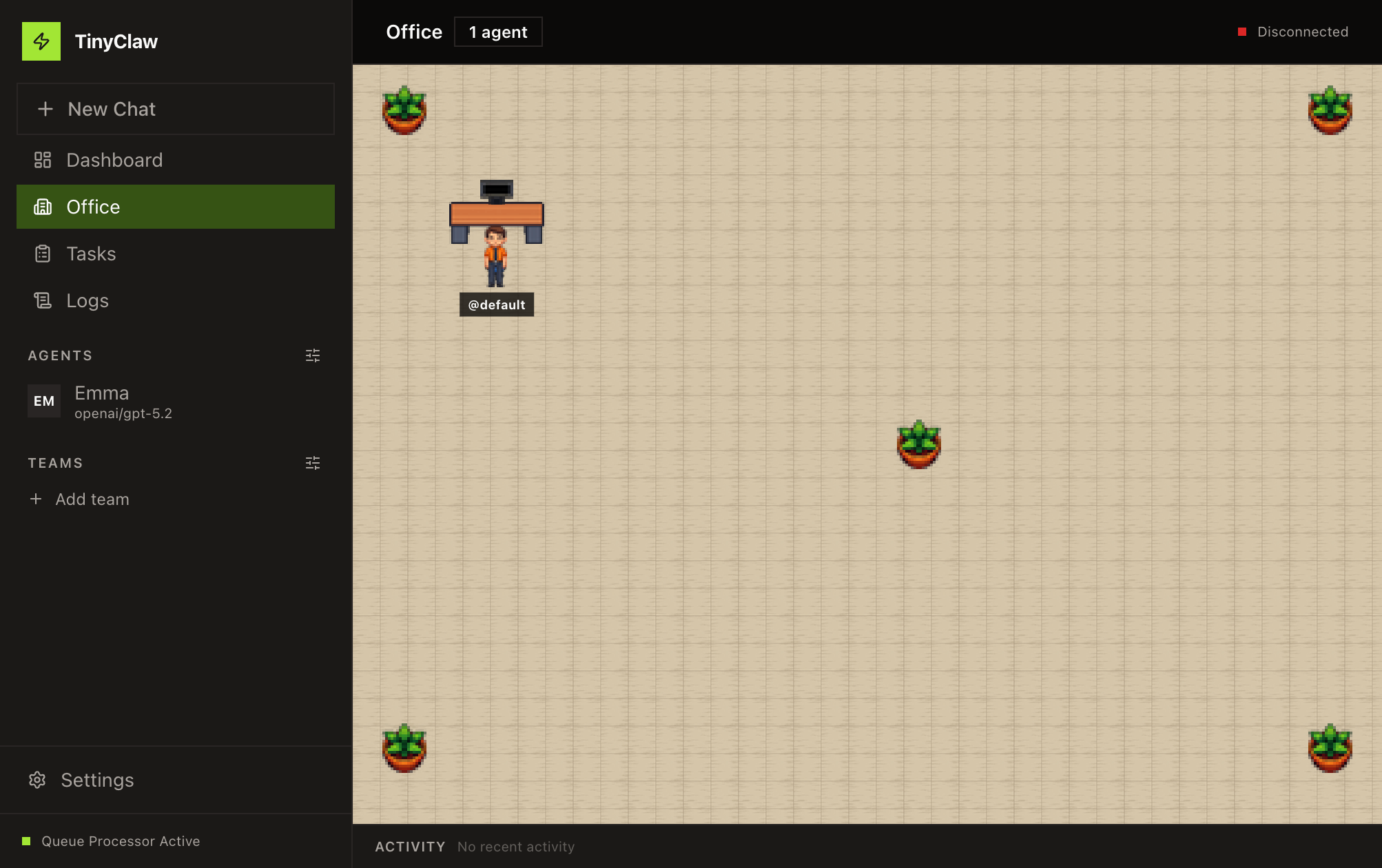 TinyClaw Office-Ansicht mit Agent-Visualisierung