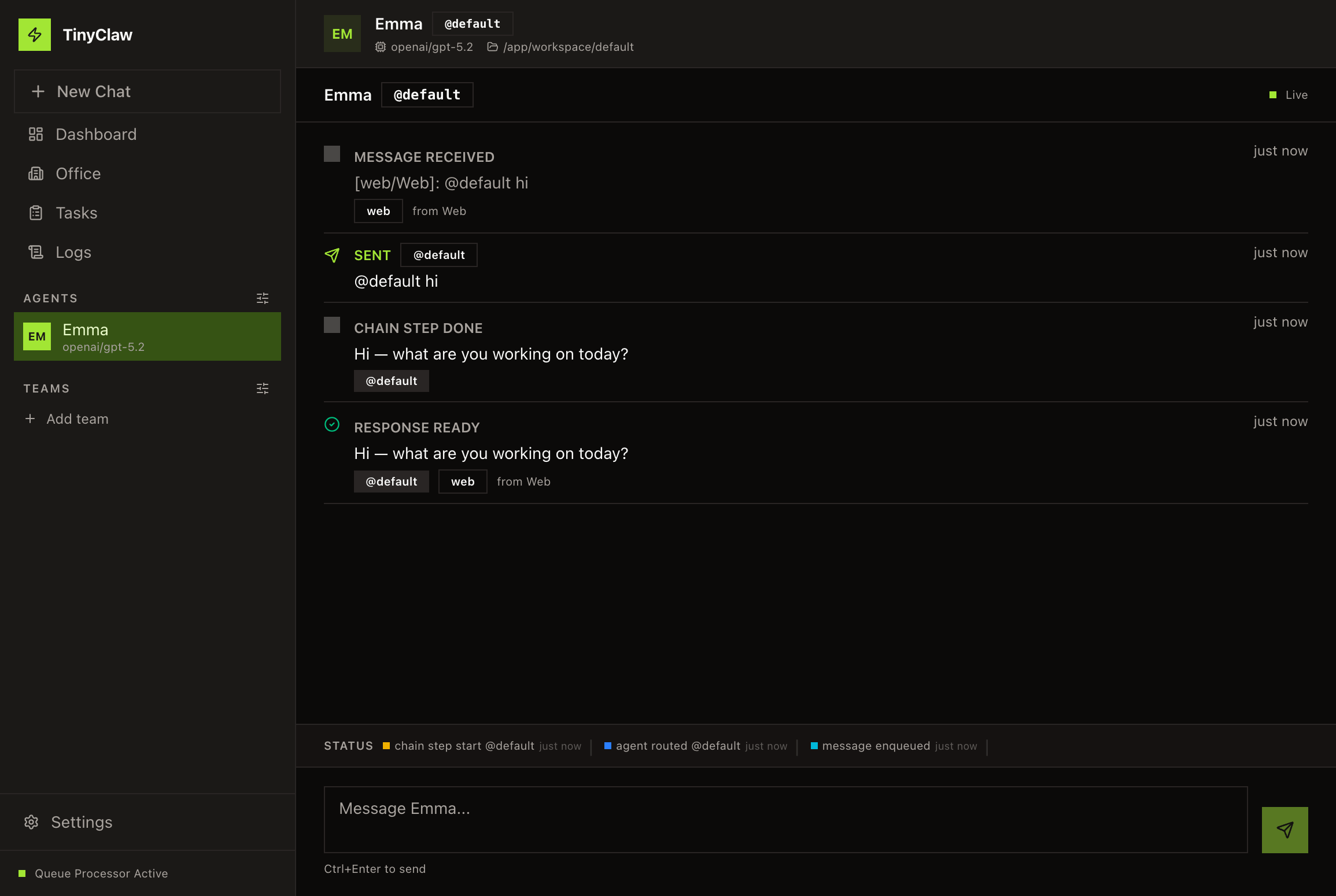TinyClaw Web-Chat mit Agent Emma