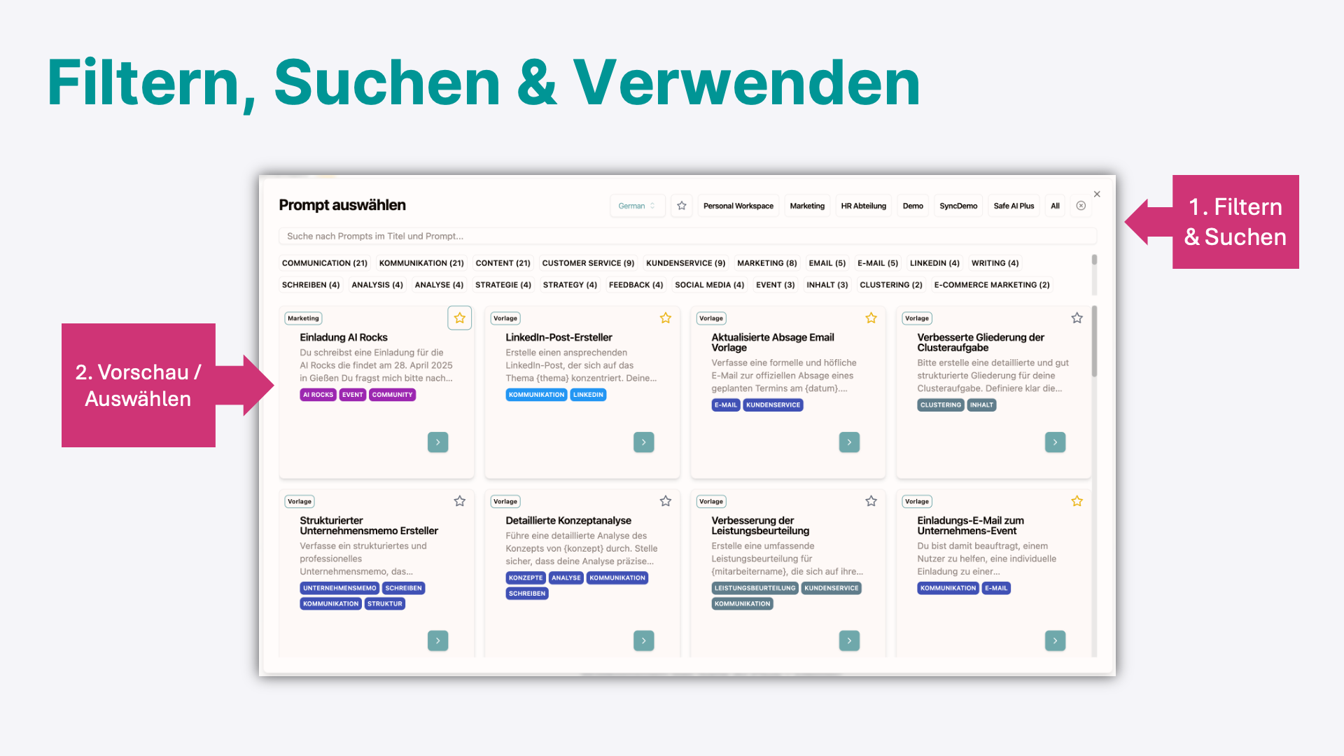 Prompt-Katalog – Filtern, Suchen & Verwenden